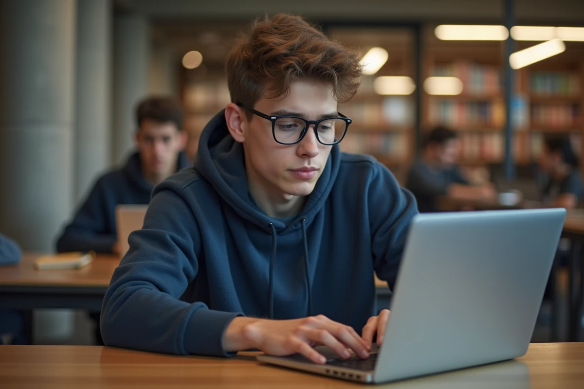 Étudiant connecté à l'ENT Sigma sur son ordinateur portable dans une bibliothèque universitaire moderne