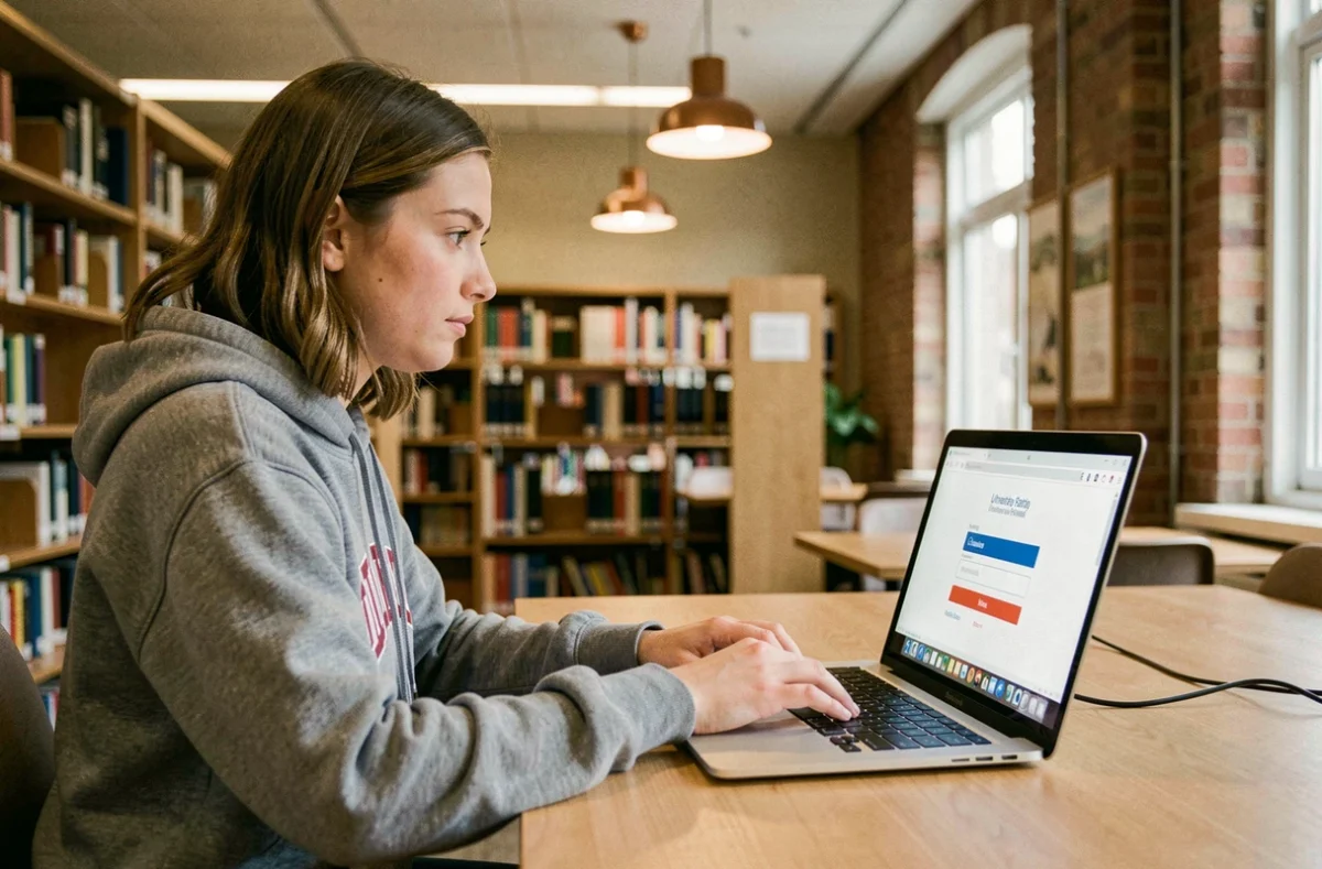 Étudiante se connectant au portail ENT de l'université Artois depuis la bibliothèque universitaire