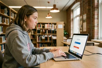 Étudiante se connectant au portail ENT de l'université Artois depuis la bibliothèque universitaire