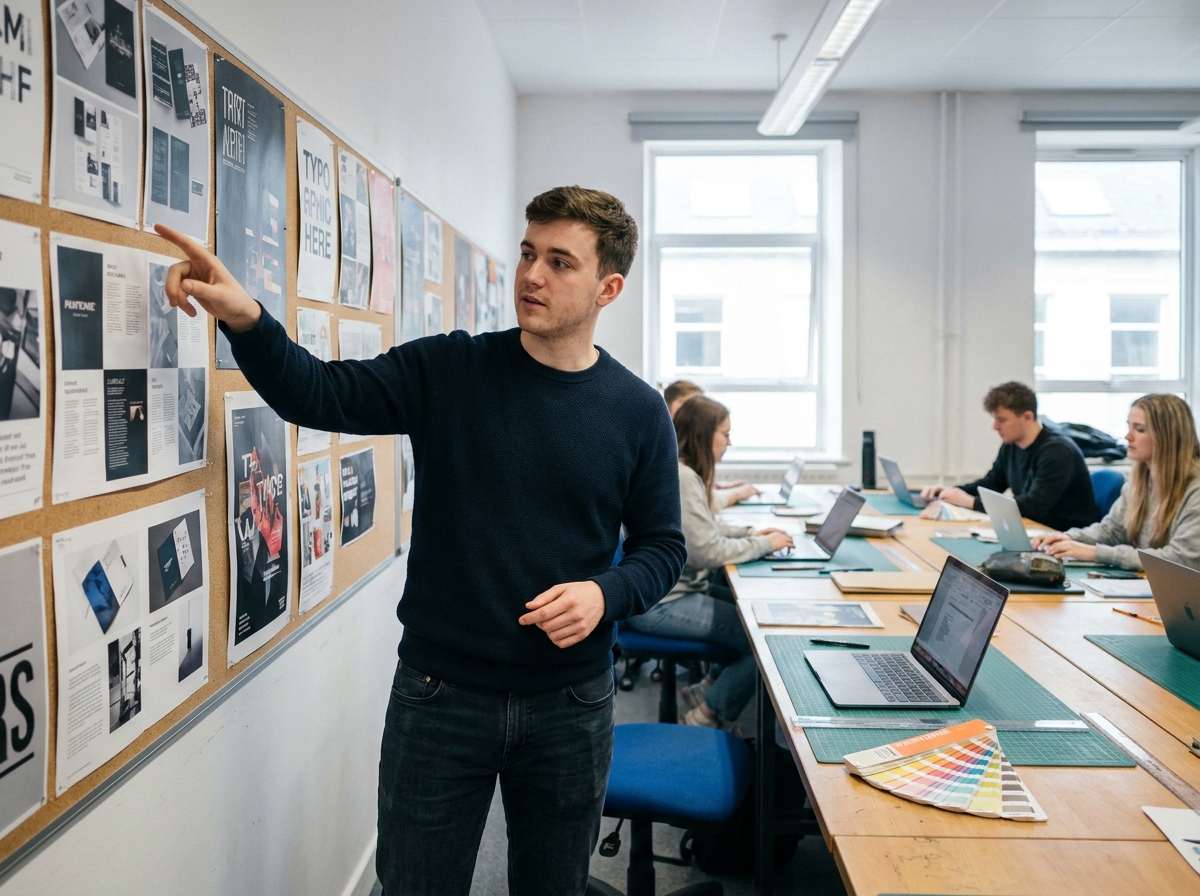Étudiant en design graphique présentant son portfolio lors d'une revue de projet en école d'arts appliqués