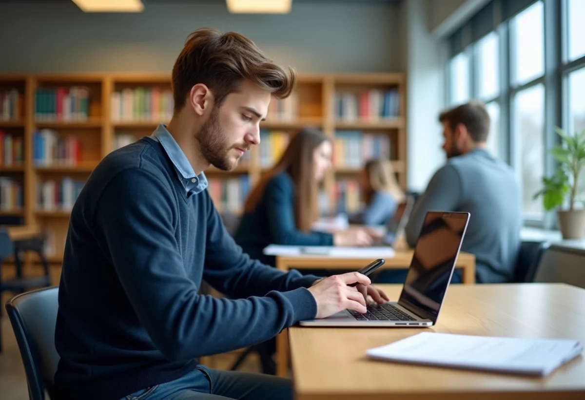Jeune étudiant universitaire concentré sur son ordinateur portable