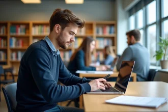 Jeune étudiant universitaire concentré sur son ordinateur portable