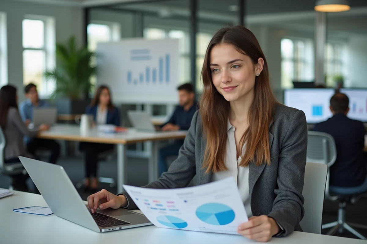 Étudiante en alternance marketing analysant des rapports dans un bureau moderne à Bordeaux