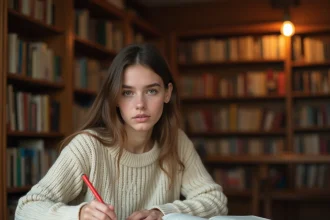 Étudiante en littérature française annotant un texte avec des figures de style dans une bibliothèque universitaire