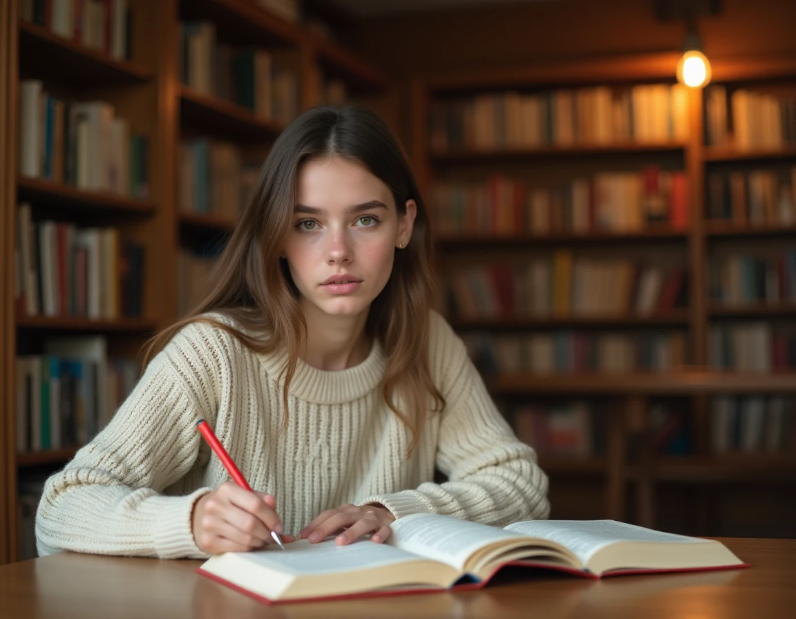 Étudiante en littérature française annotant un texte avec des figures de style dans une bibliothèque universitaire