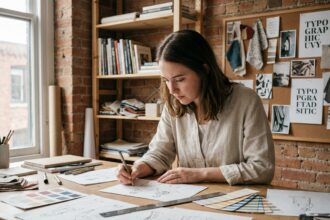 Étudiante en arts appliqués travaillant sur un projet de design dans un atelier créatif