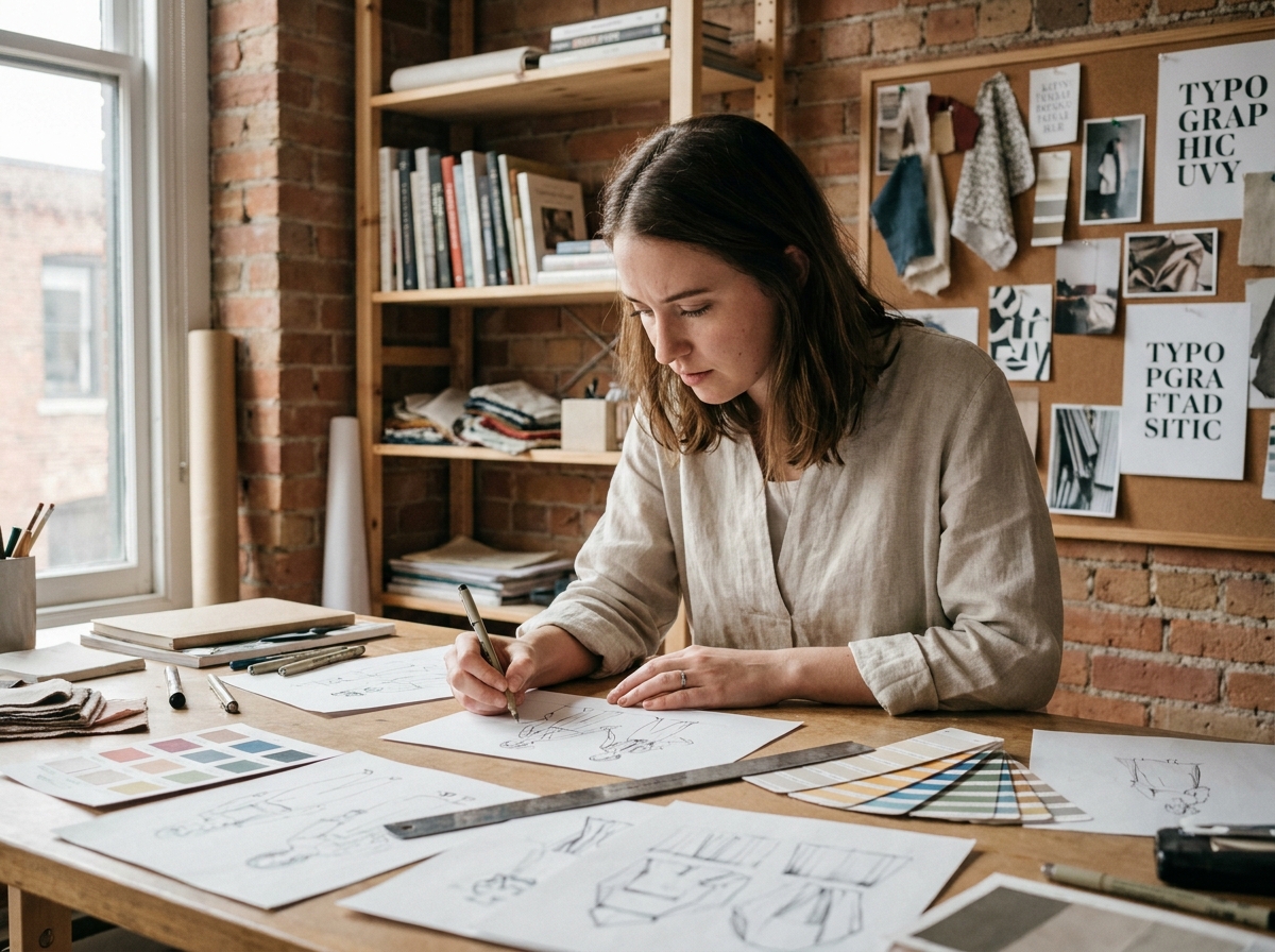 Étudiante en arts appliqués travaillant sur un projet de design dans un atelier créatif