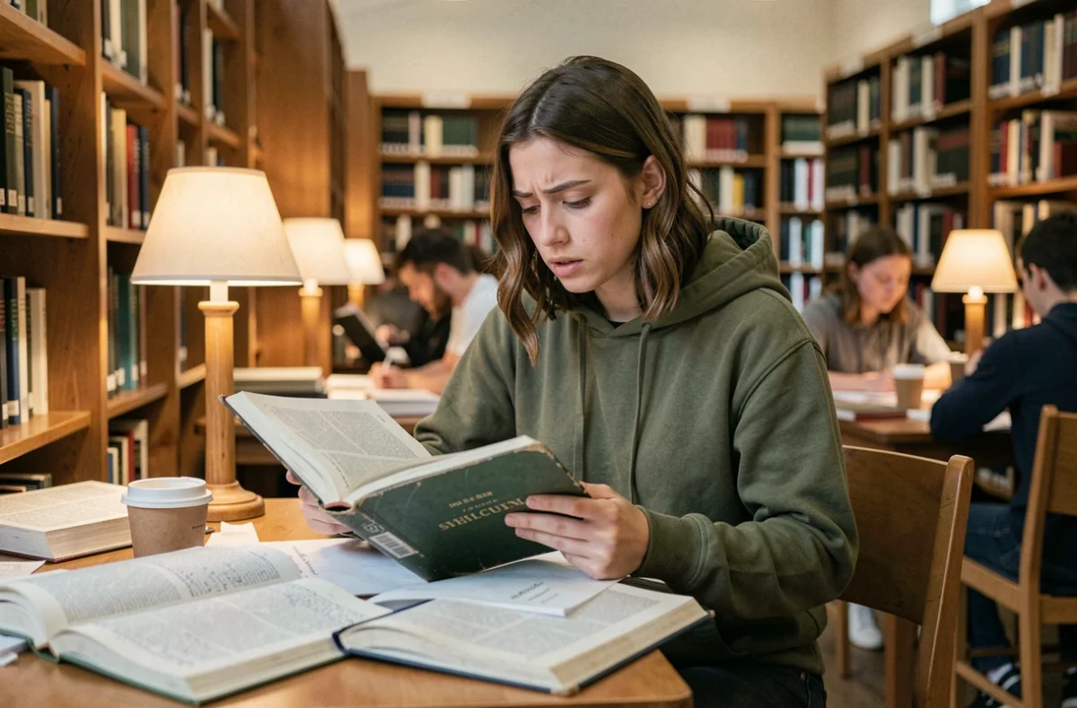 Étudiante à l'université concentrée sur ses cours dans une bibliothèque universitaire entourée de manuels et de notes manuscrites