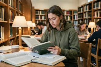 Étudiante à l'université concentrée sur ses cours dans une bibliothèque universitaire entourée de manuels et de notes manuscrites