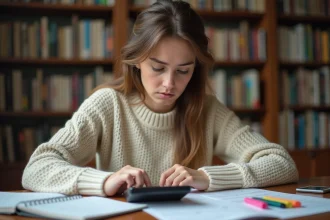 Étudiante calculant sa moyenne avec coefficient à l'aide d'une calculatrice et de ses relevés de notes sur un bureau en bois