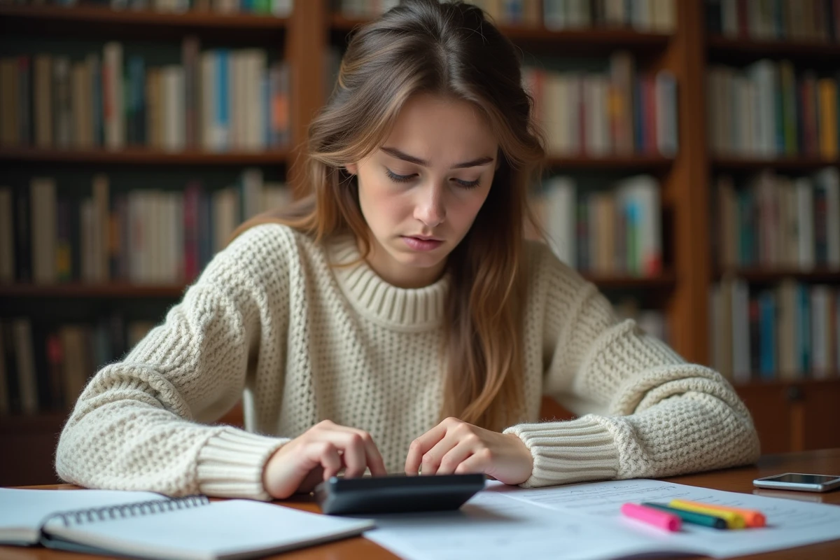 Étudiante calculant sa moyenne avec coefficient à l'aide d'une calculatrice et de ses relevés de notes sur un bureau en bois