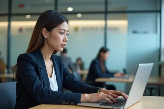 Étudiante en école de commerce vérifiant les paramètres de confidentialité sur la plateforme e-learning Psblearn à Paris School of Business