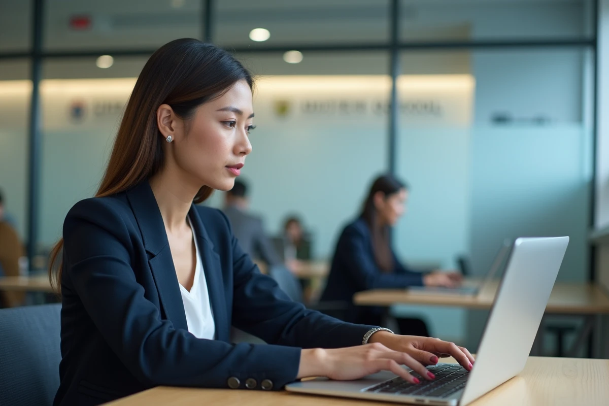 Étudiante en école de commerce vérifiant les paramètres de confidentialité sur la plateforme e-learning Psblearn à Paris School of Business