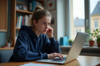 Étudiante frustrée face à une erreur de connexion sur son ordinateur portable dans une chambre universitaire