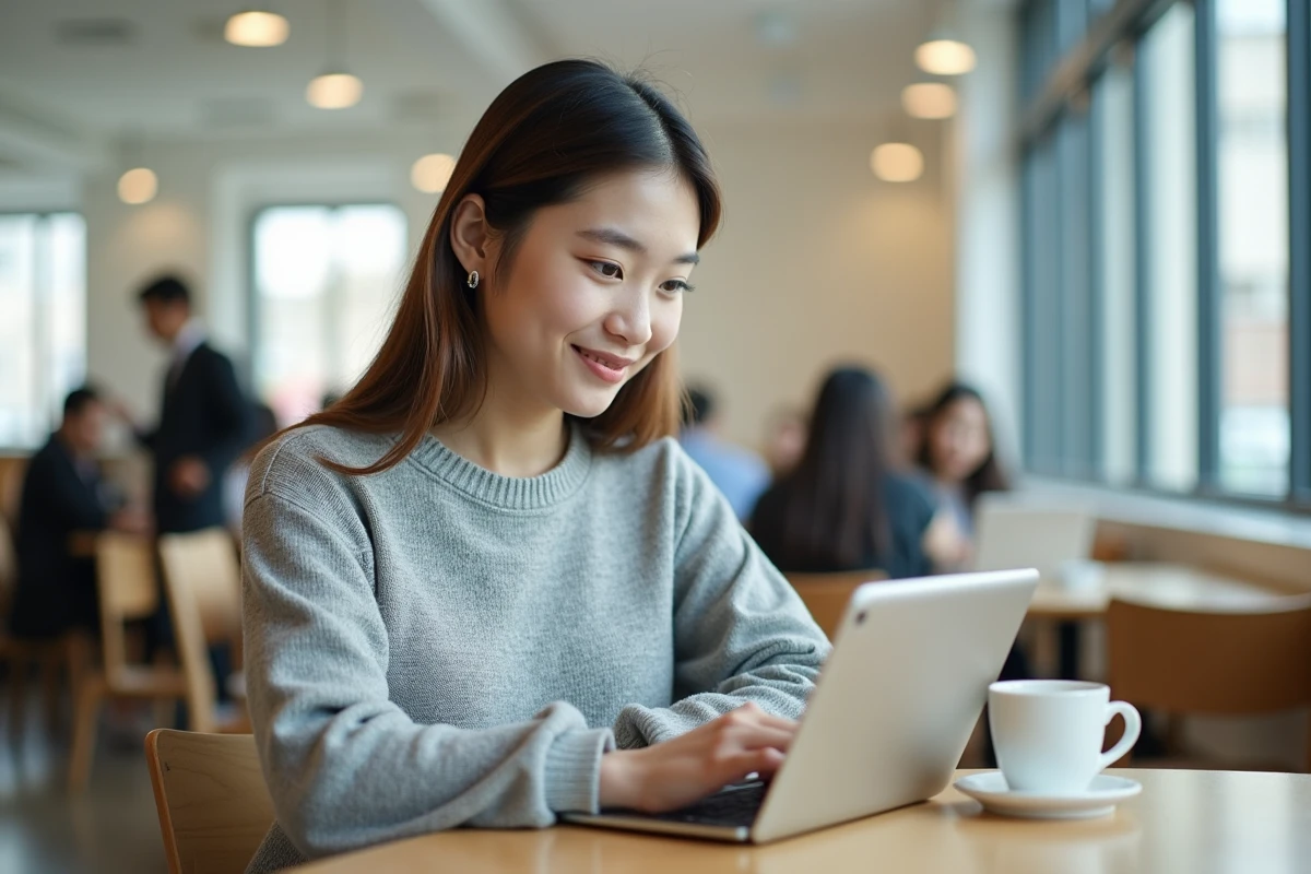Étudiante utilisant l'espace numérique SIGMA Clermont sur une tablette dans la cafétéria du campus