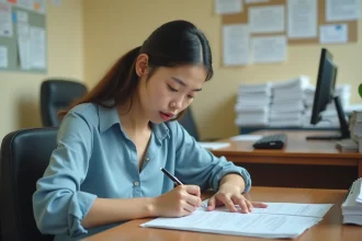 Étudiante étrangère remplissant un formulaire administratif dans un bureau universitaire français