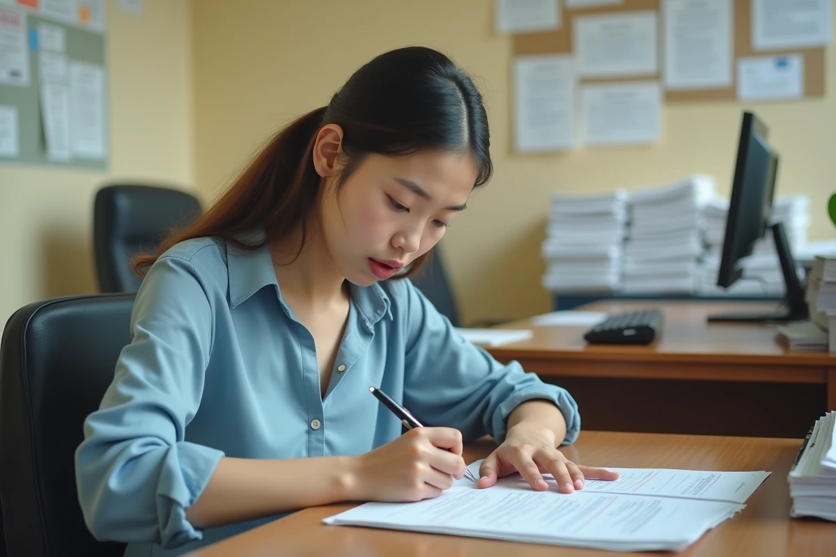 Étudiante étrangère remplissant un formulaire administratif dans un bureau universitaire français