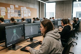 Étudiante en prépa entertainment travaillant sur un logiciel d'animation 3D dans un studio de formation professionnel