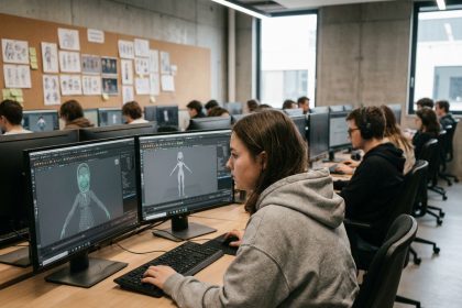 Étudiante en prépa entertainment travaillant sur un logiciel d'animation 3D dans un studio de formation professionnel