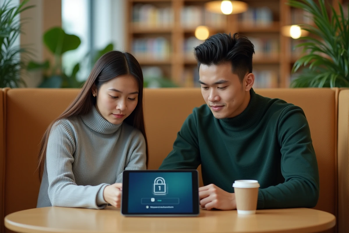 Deux étudiants utilisant l'authentification sécurisée sur la plateforme Psblearn dans une bibliothèque universitaire moderne