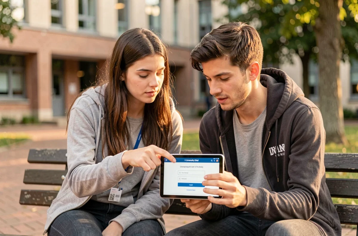 Deux étudiants consultant l'ENT Sciences Po Bordeaux sur une tablette en plein air sur le campus universitaire