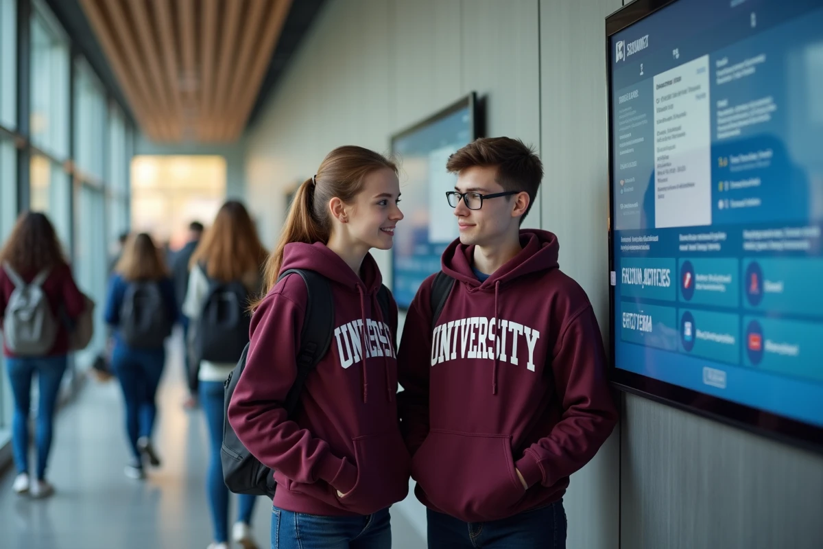 Deux étudiants consultant le tableau de bord de l'ENT Sigma sur un écran numérique dans le couloir du campus SIGMA Clermont