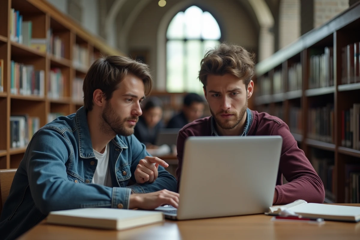 Deux étudiants consultant ensemble un message d'erreur de connexion à l'ENT académique dans une bibliothèque universitaire