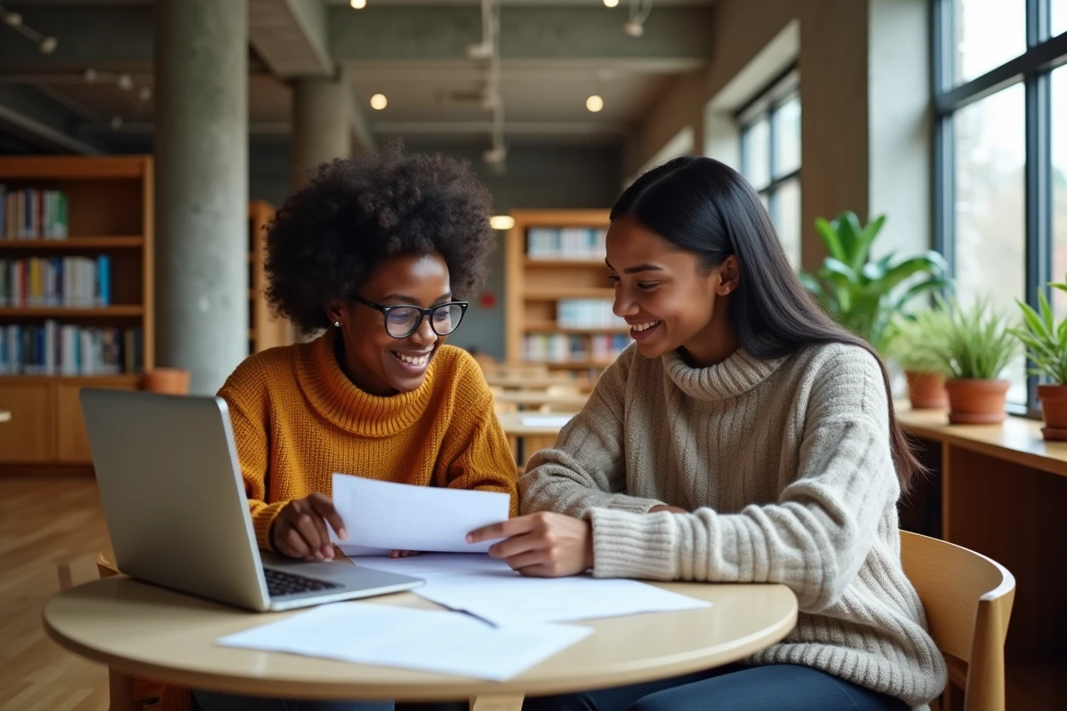 Deux étudiants étrangers consultant des documents sur la CVEC dans une bibliothèque universitaire