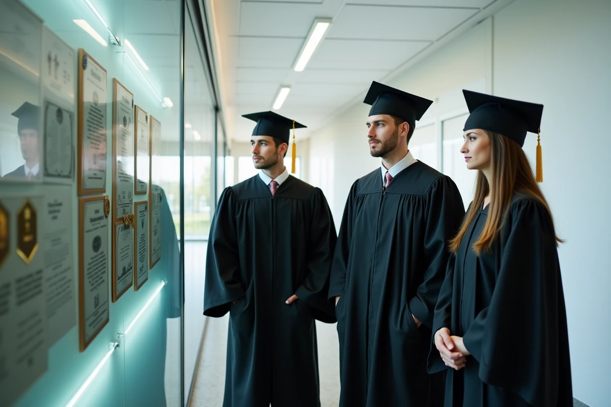 Étudiants en master informatique en toge de remise de diplôme devant des plaques d'accréditation officielles