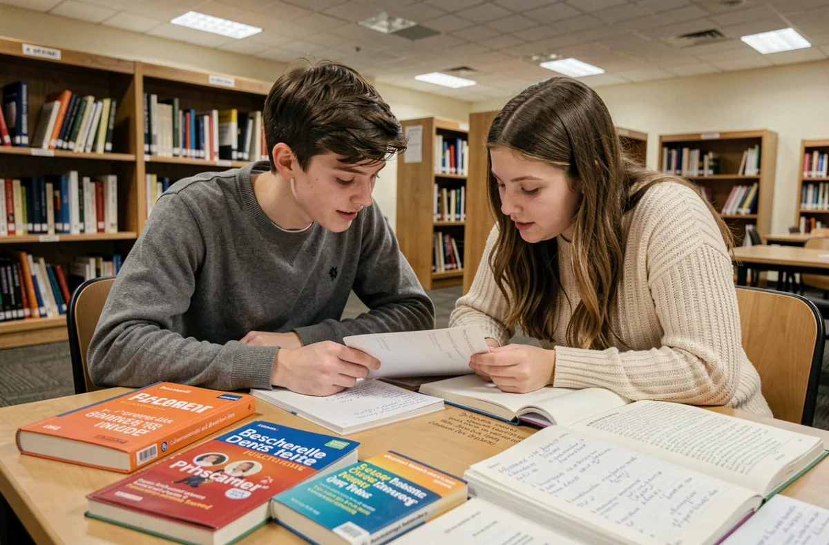 Deux lycéens révisant ensemble les règles du passé simple avec des manuels de grammaire française ouverts dans une bibliothèque