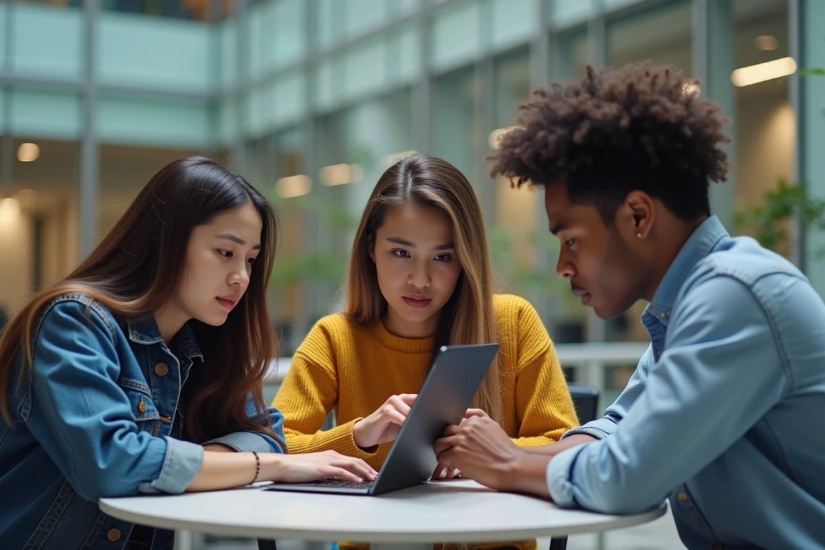 Groupe d'étudiants consultant les paramètres de sécurité de leur compte mycampus Eduservices sur une tablette dans un espace commun universitaire