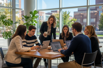Groupe d'étudiants en discussion dans un lounge universitaire