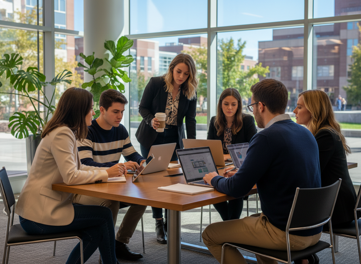 Groupe d'étudiants en discussion dans un lounge universitaire