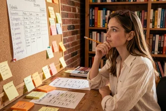 Jeune femme étudiant l'imparfait espagnol avec des fiches de conjugaison colorées épinglées sur un tableau en liège