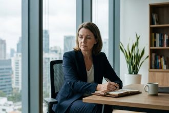 Femme d'affaires en costume navy dans un bureau moderne