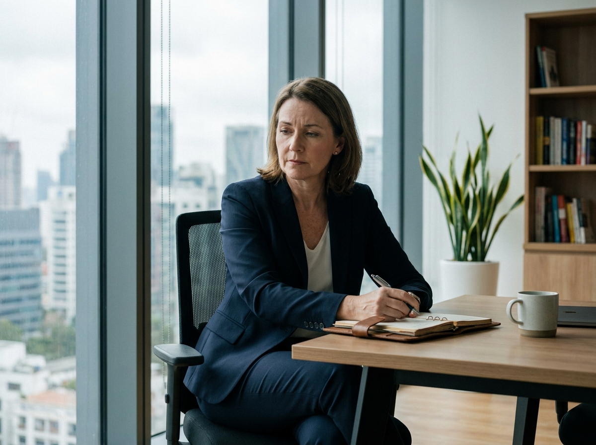 Femme d'affaires en costume navy dans un bureau moderne