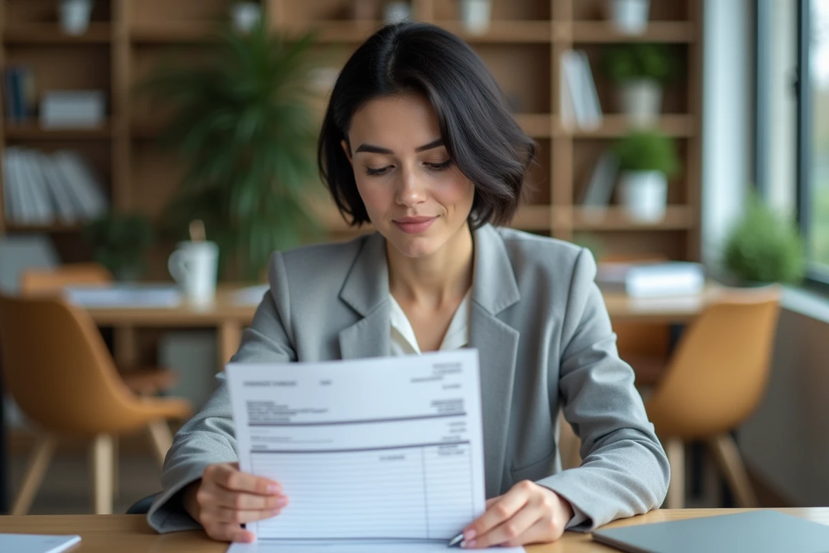 Femme professionnelle analysant une facture détaillée avec des annotations manuscrites dans un bureau moderne
