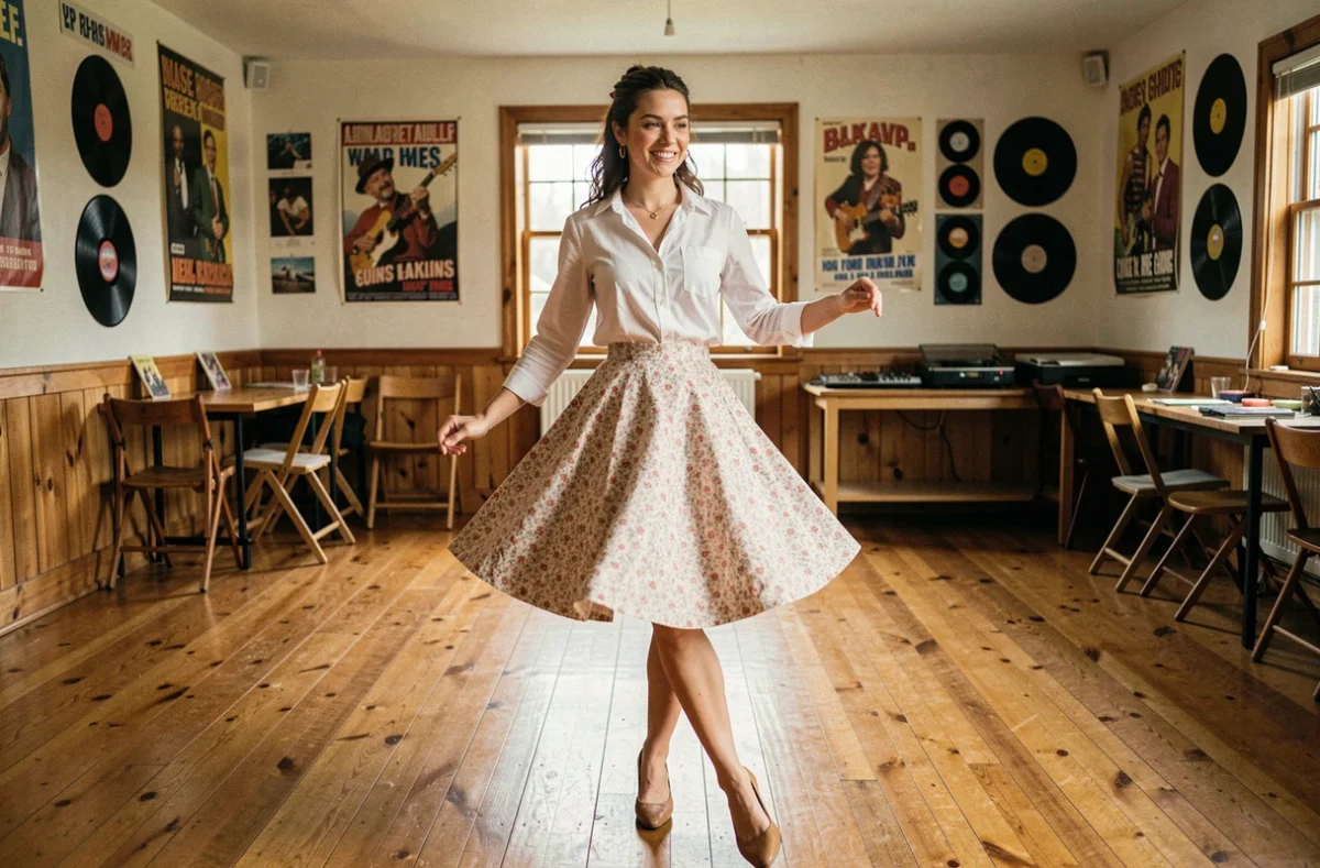 Femme apprenant la danse Madison dans une salle de danse au parquet en bois avec décoration rétro et disques vinyles