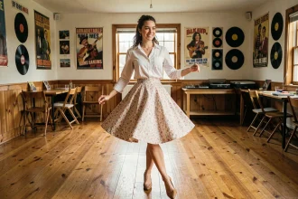 Femme apprenant la danse Madison dans une salle de danse au parquet en bois avec décoration rétro et disques vinyles