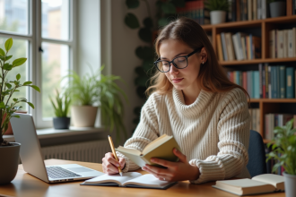 Jeune femme étudiant des livres de langues dans un intérieur lumineux