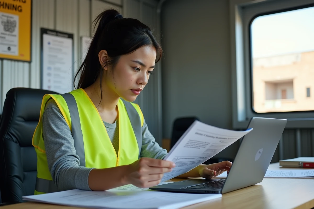 Femme du secteur BTP comparant des organismes de formation sur un ordinateur portable dans un bureau de chantier