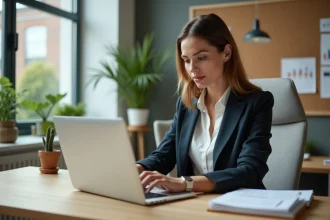Femme en blazer regardant ses analyses d email