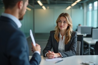Femme en bureau regardant ailleurs dans un environnement professionnel
