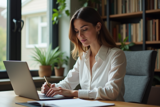 Femme en bureau moderne vérifiant un certificat sur son ordinateur