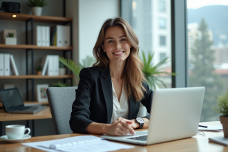 Jeune femme d'affaires concentrée dans un bureau lumineux