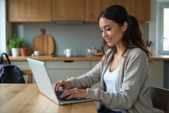 Femme assise à une table de cuisine avec ordinateur portable