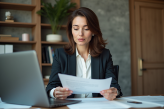 Femme d affaires examinant des certificats et documents