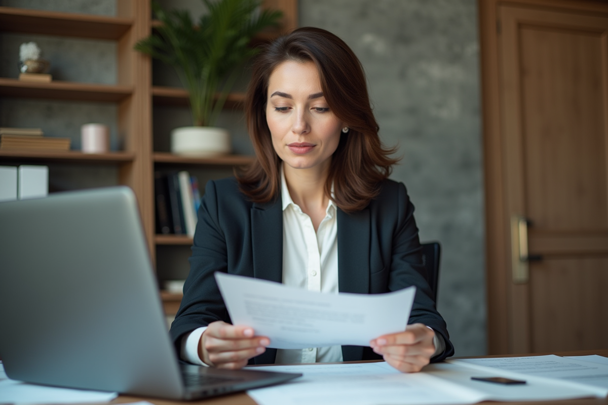Femme d affaires examinant des certificats et documents