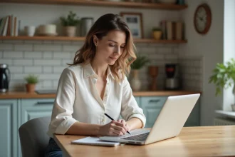 Femme assise à une table de cuisine avec ordinateur et notes
