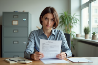 Femme au bureau examinant un document d eligibilite